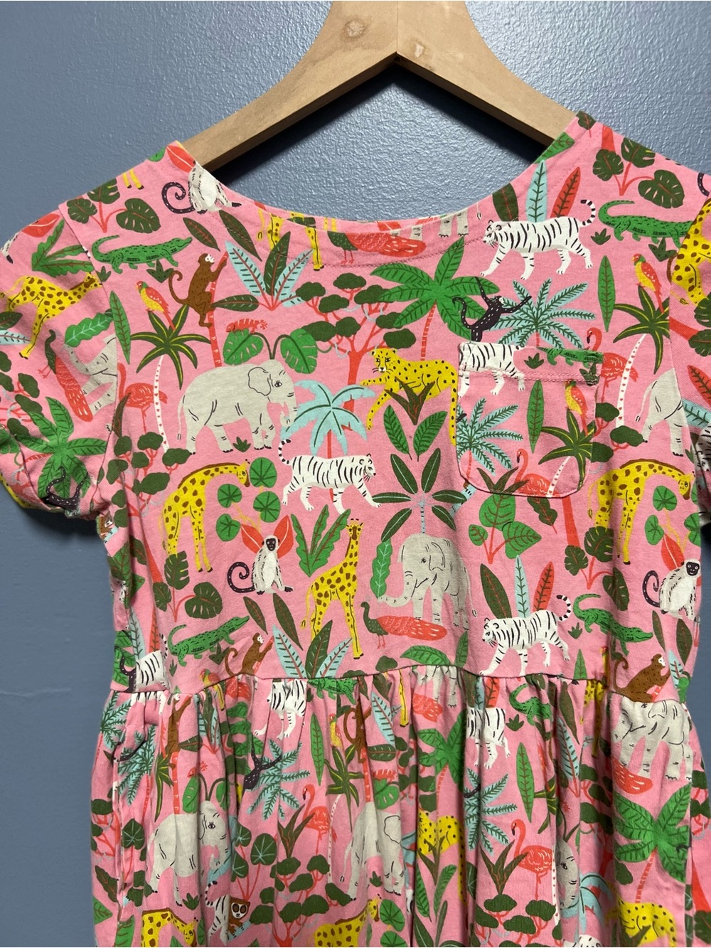 Mini Boden Pink Jungle Animal Print Dress with Green and Yellow Accents
